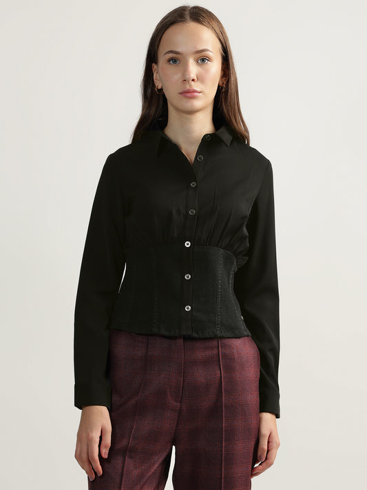 Iconic Women Black Solid Spread Collar Full Sleeves Shirt