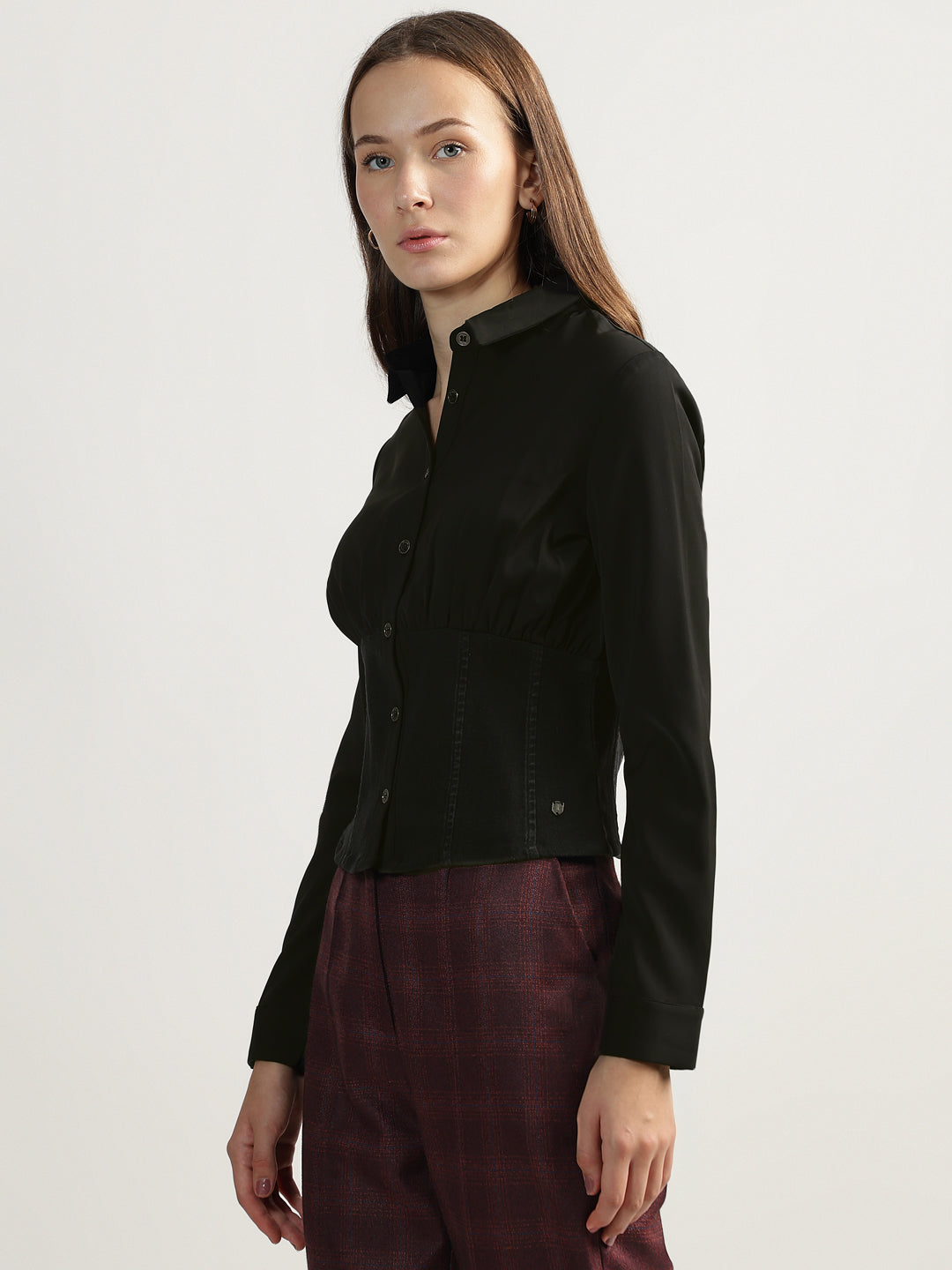 Iconic Women Black Solid Spread Collar Full Sleeves Shirt