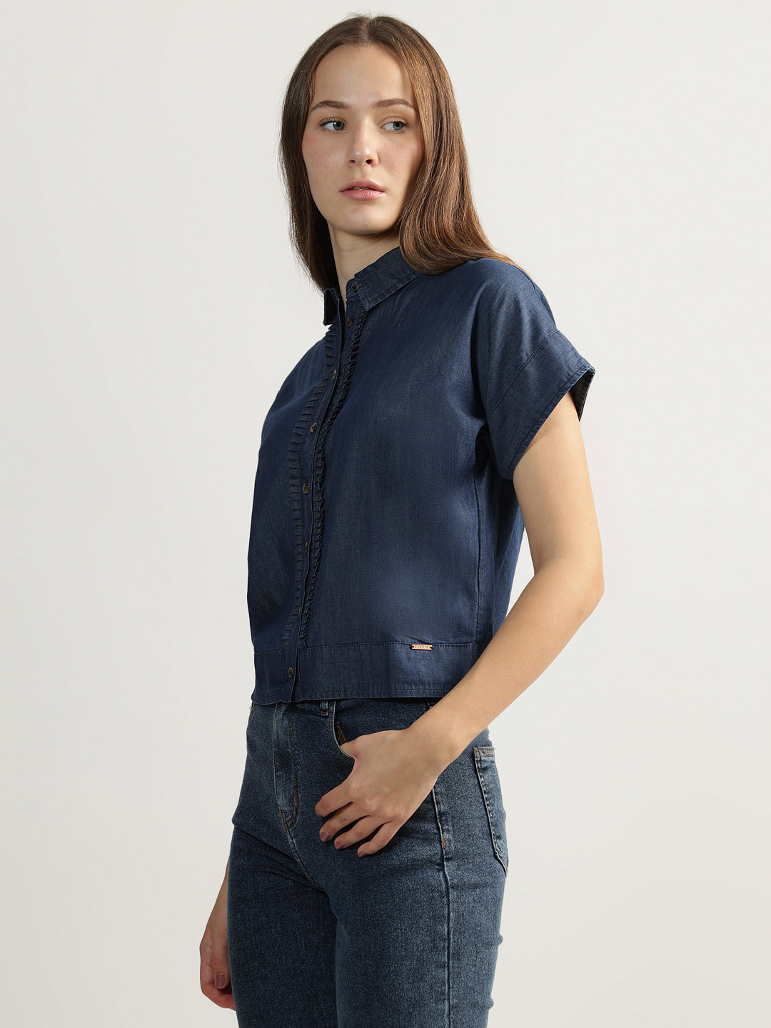 Iconic Women Navy Blue Solid Spread Collar Short Sleeves Shirt