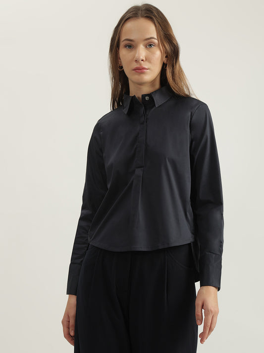 Iconic Women Navy Blue Solid Spread Collar Full Sleeves Shirt Style Top