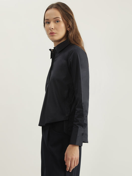 Iconic Women Navy Blue Solid Spread Collar Full Sleeves Shirt Style Top