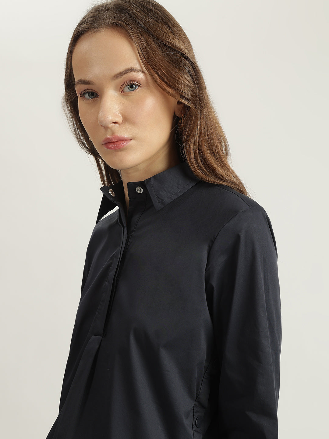 Iconic Women Navy Blue Solid Spread Collar Full Sleeves Shirt Style Top