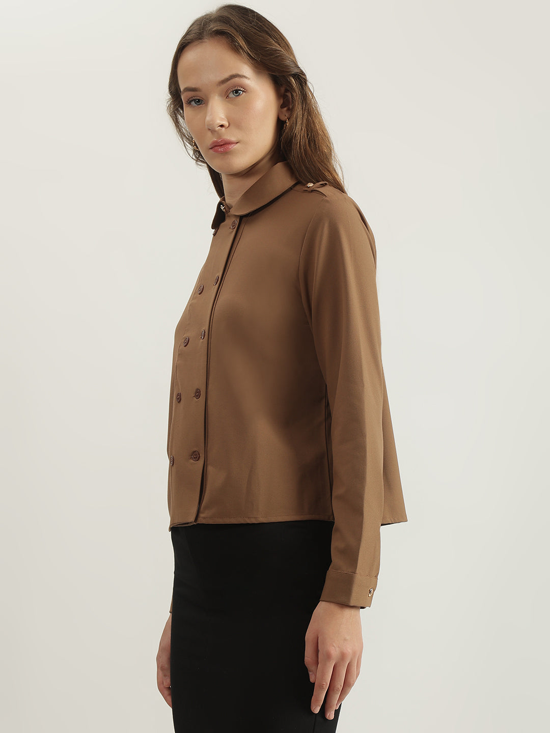 Iconic Women Brown Solid Spread Collar Full Sleeves Shirt