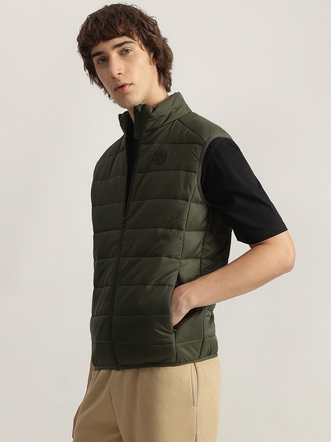 Lindbergh Men Green Solid Stand Collar Sleeveless Puffer Jacket