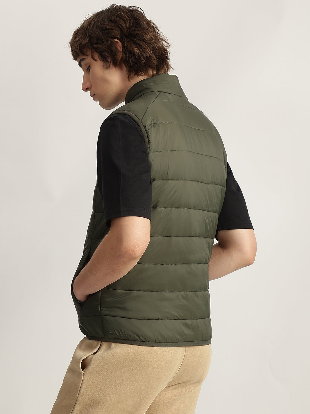 Lindbergh Men Green Solid Stand Collar Sleeveless Puffer Jacket