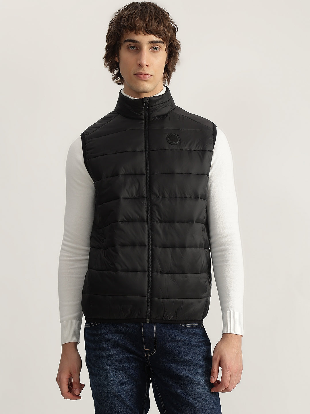 Lindbergh Men Black Solid Stand Collar Sleeveless Puffer Jacket