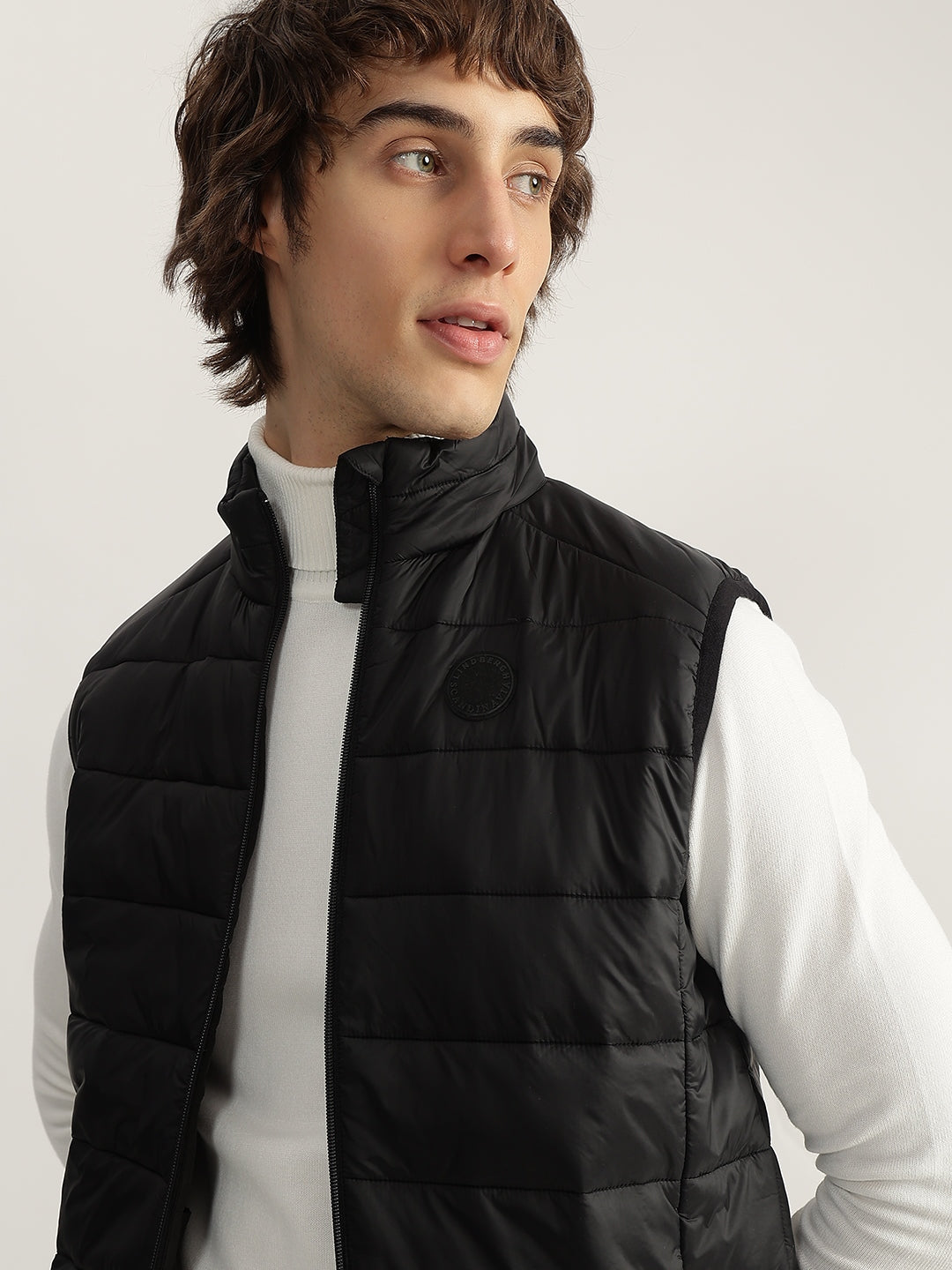 Lindbergh Men Black Solid Stand Collar Sleeveless Puffer Jacket