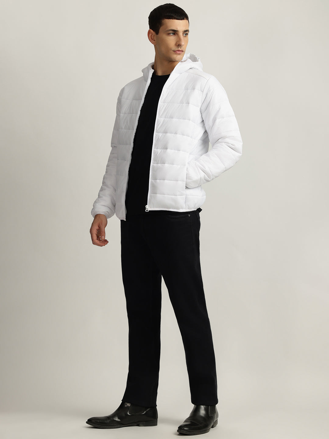 Lindbergh Men White Solid Hooded Full Sleeves Puffer Jacket