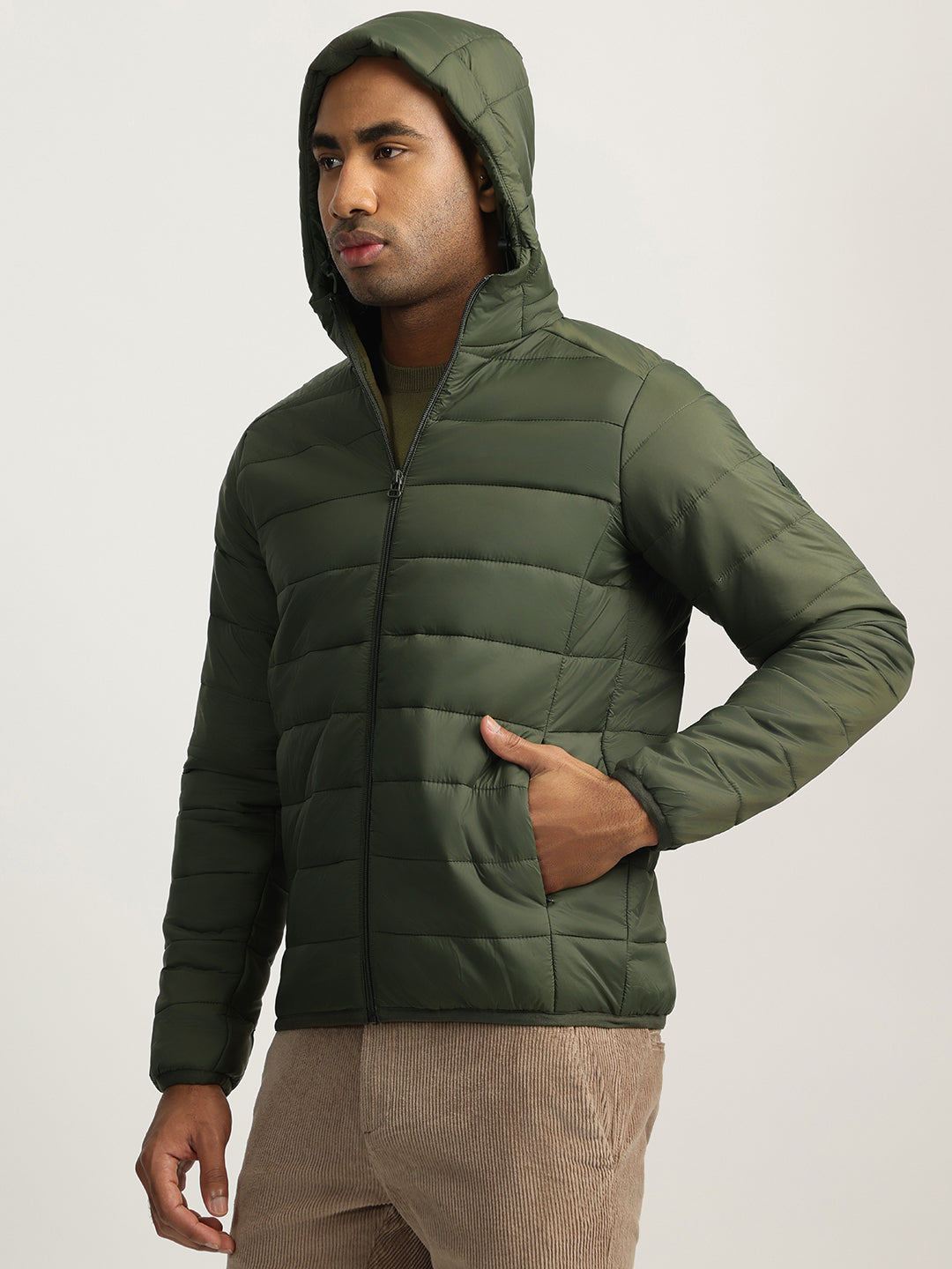 Lindbergh Men Green Solid Hooded Full Sleeves Puffer Jacket