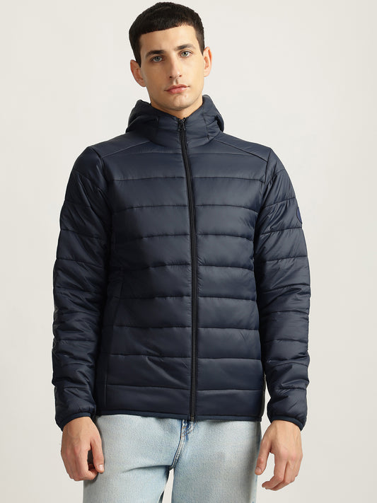 Lindbergh Men Navy Blue Solid Hooded Full Sleeves Puffer Jacket