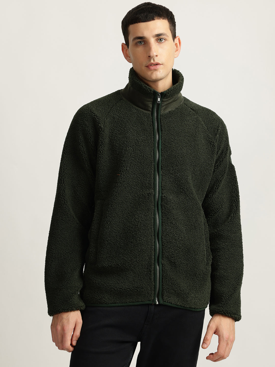 Lindbergh Men Green Solid Stand Collar Full Sleeves Fleece Jacket