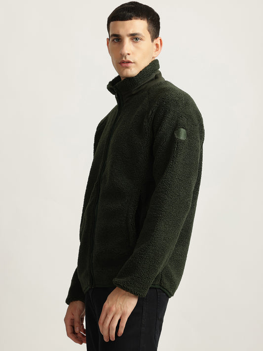 Lindbergh Men Green Solid Stand Collar Full Sleeves Fleece Jacket