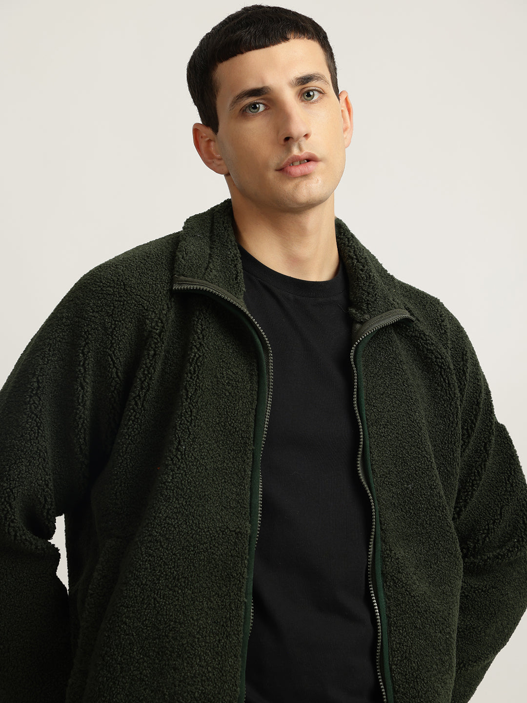 Lindbergh Men Green Solid Stand Collar Full Sleeves Fleece Jacket