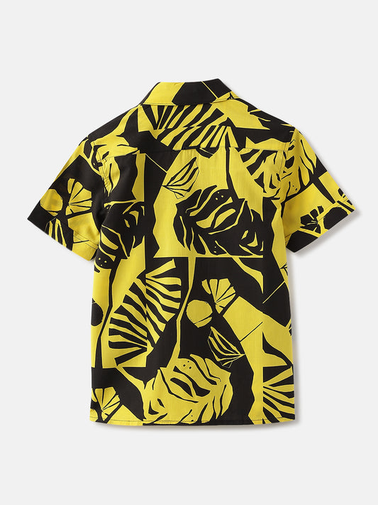 Antony Morato Boys Yellow Printed Cuban Collar Short Sleeves Shirt