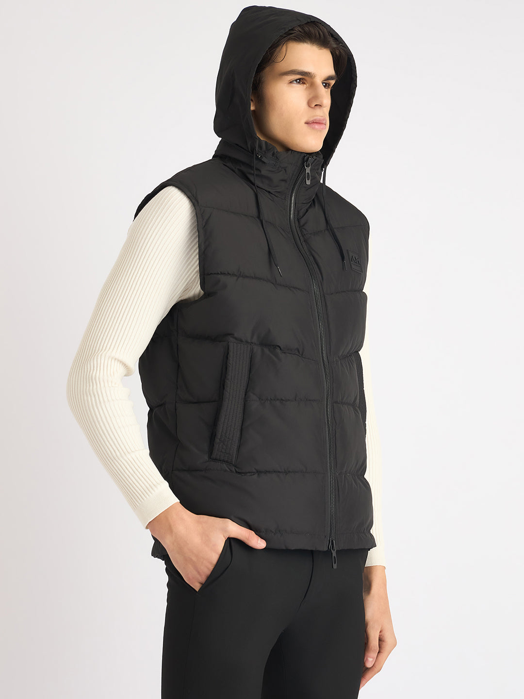 Antony Morato Men Black Solid Hooded Sleeveless Puffer Jacket