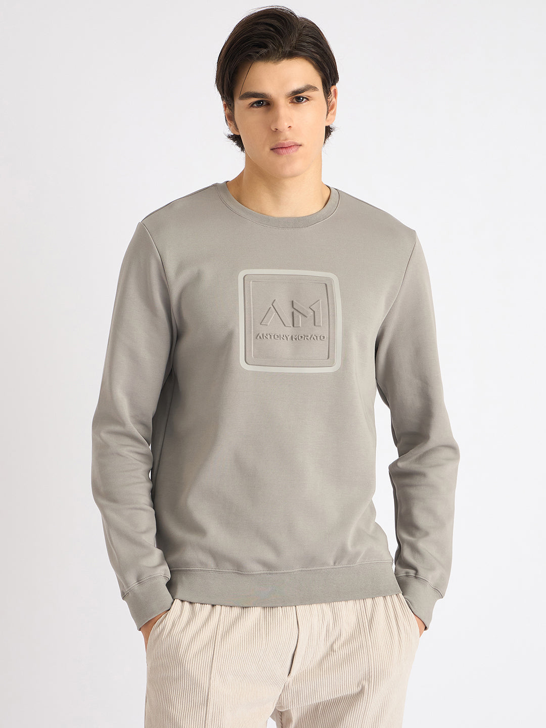 Antony Morato Men Grey Solid Round Neck Full Sleeves Sweatshirt