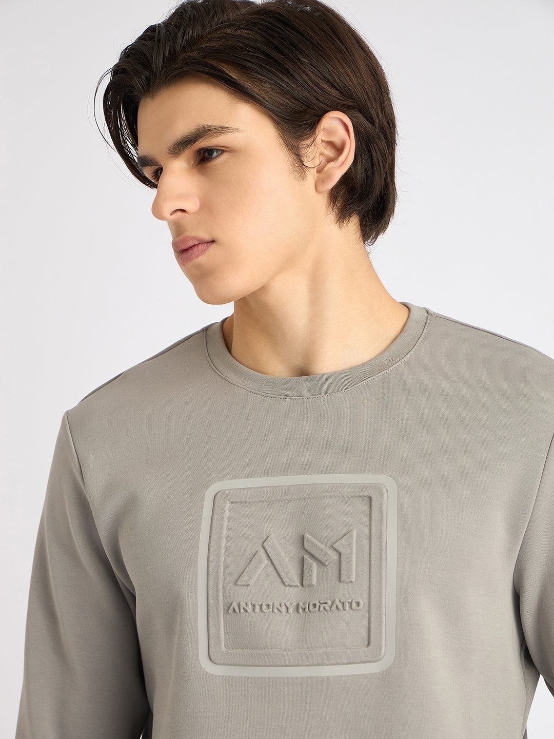 Antony Morato Men Grey Solid Round Neck Full Sleeves Sweatshirt