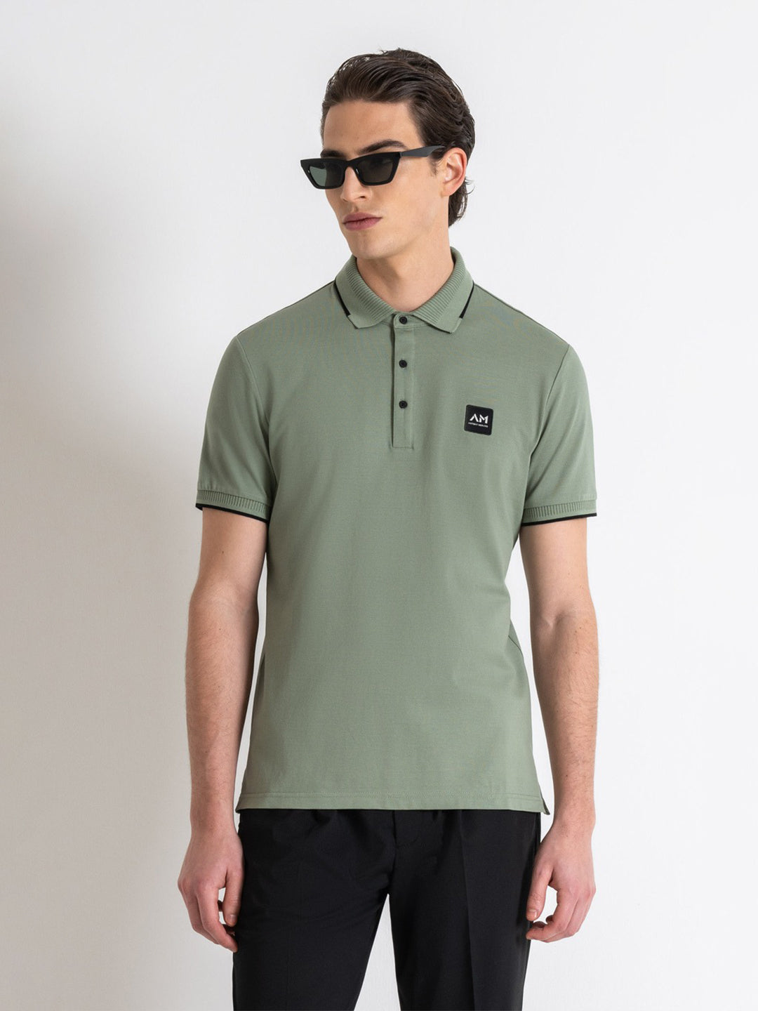 Antony Morato Men Green Solid Collared Short Sleeves Polo T-shirt