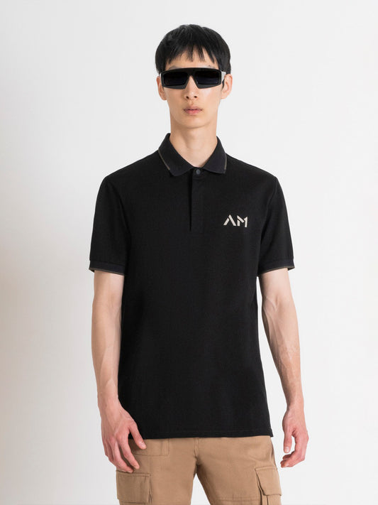 Antony Morato Men Black Solid Polo Collar Short Sleeves T-Shirt