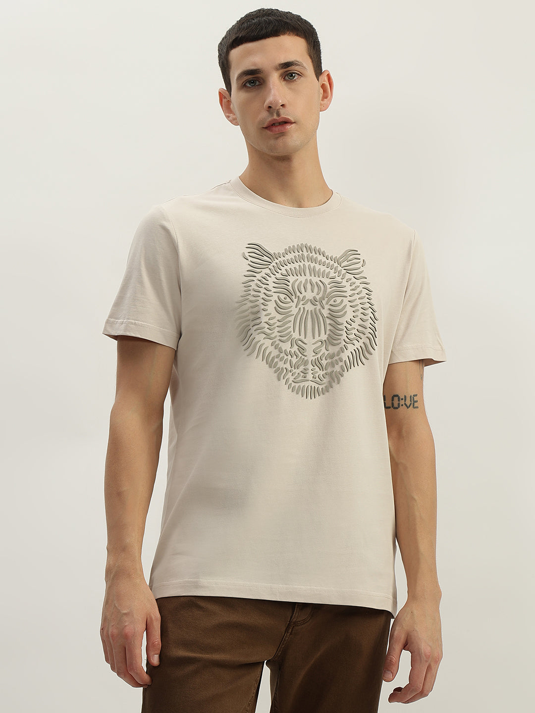 Antony Morato Men Beige Printed Round Neck Short Sleeves T-Shirt