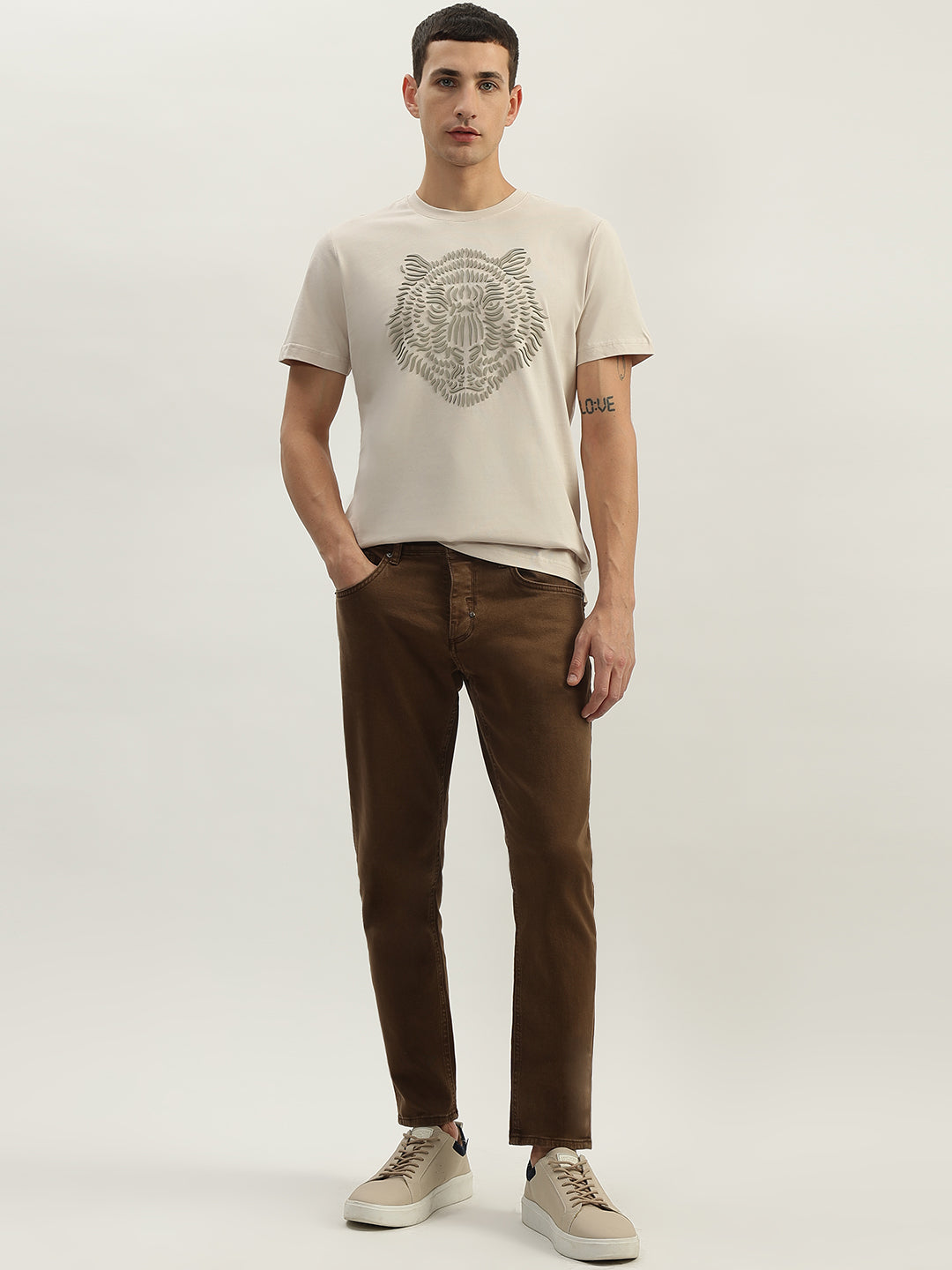 Antony Morato Men Beige Printed Round Neck Short Sleeves T-Shirt