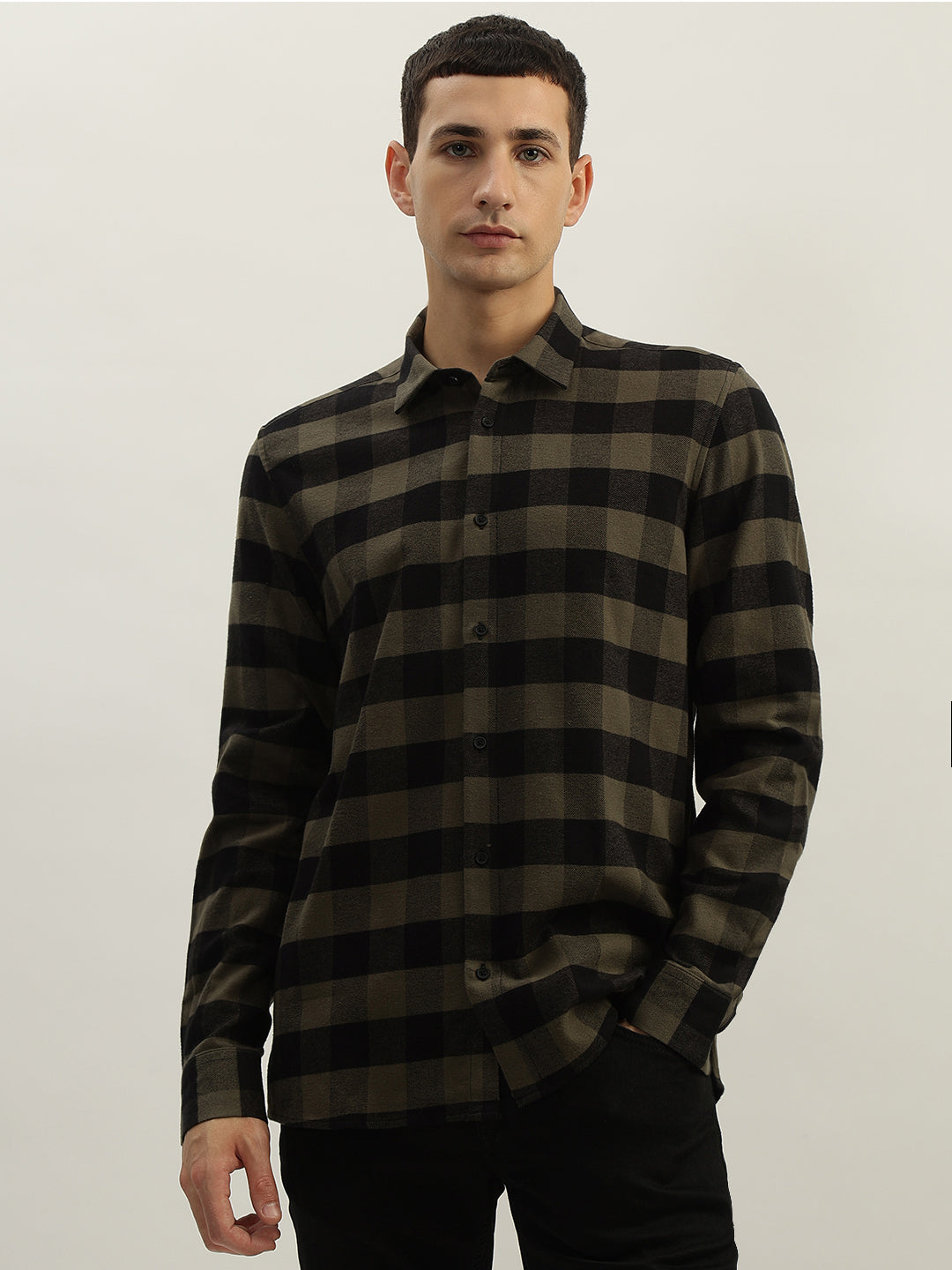 Antony Morato Men Green Checked Spread Collar Full Sleeves Shirt