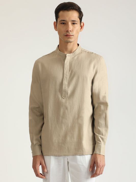 Antony Morato Men Beige Solid Band Collar Full Sleeves Shirt