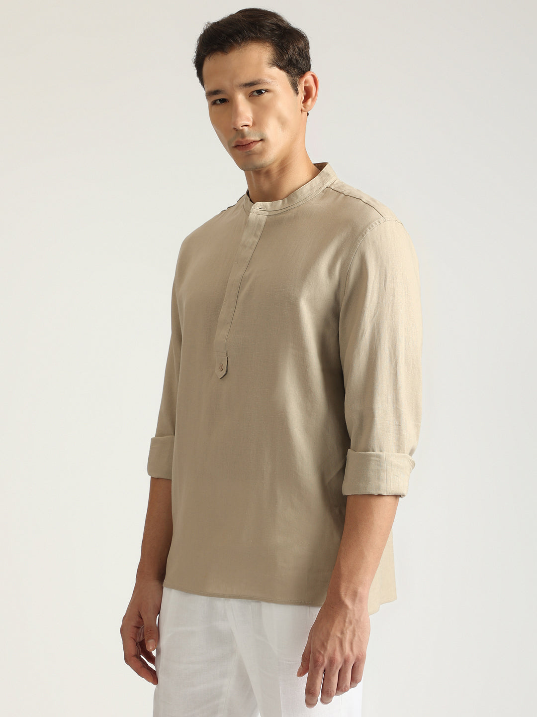 Antony Morato Men Beige Solid Band Collar Full Sleeves Shirt