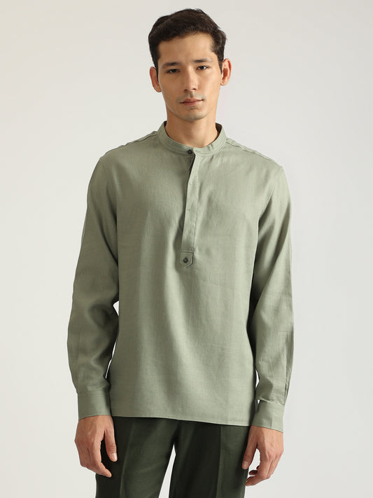 Antony Morato Men Green Solid Band Collar Full Sleeves Shirt