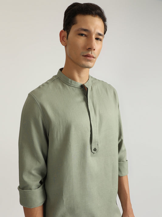 Antony Morato Men Green Solid Band Collar Full Sleeves Shirt