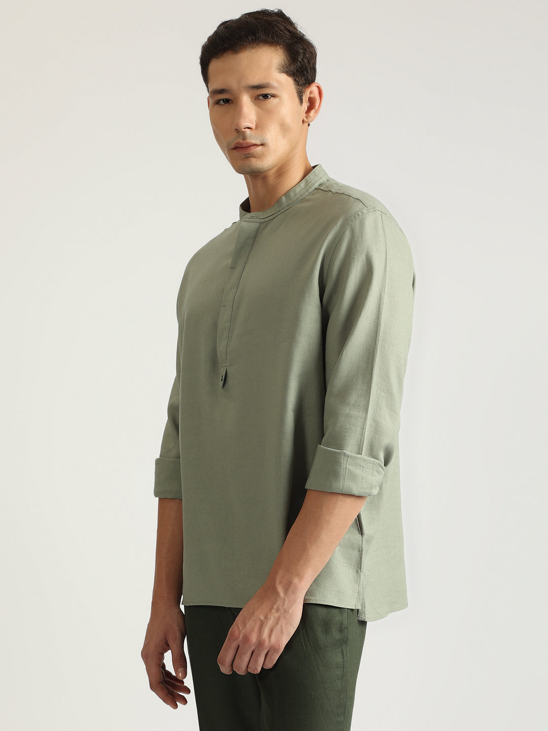 Antony Morato Men Green Solid Band Collar Full Sleeves Shirt