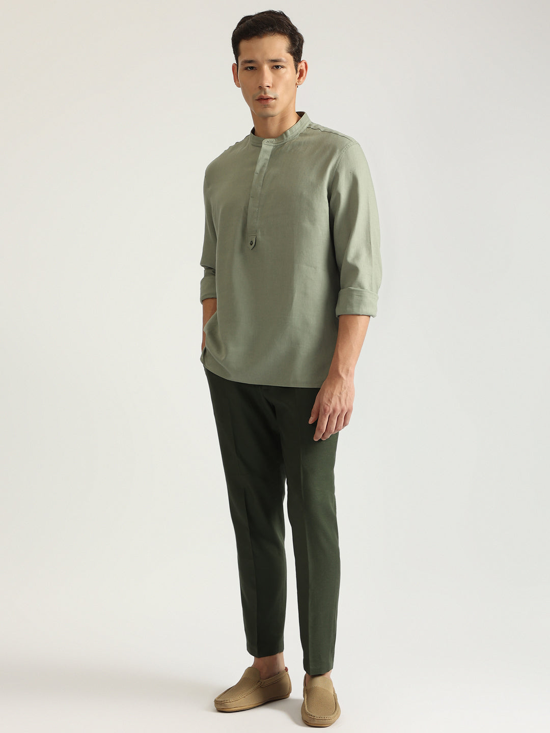 Antony Morato Men Green Solid Band Collar Full Sleeves Shirt