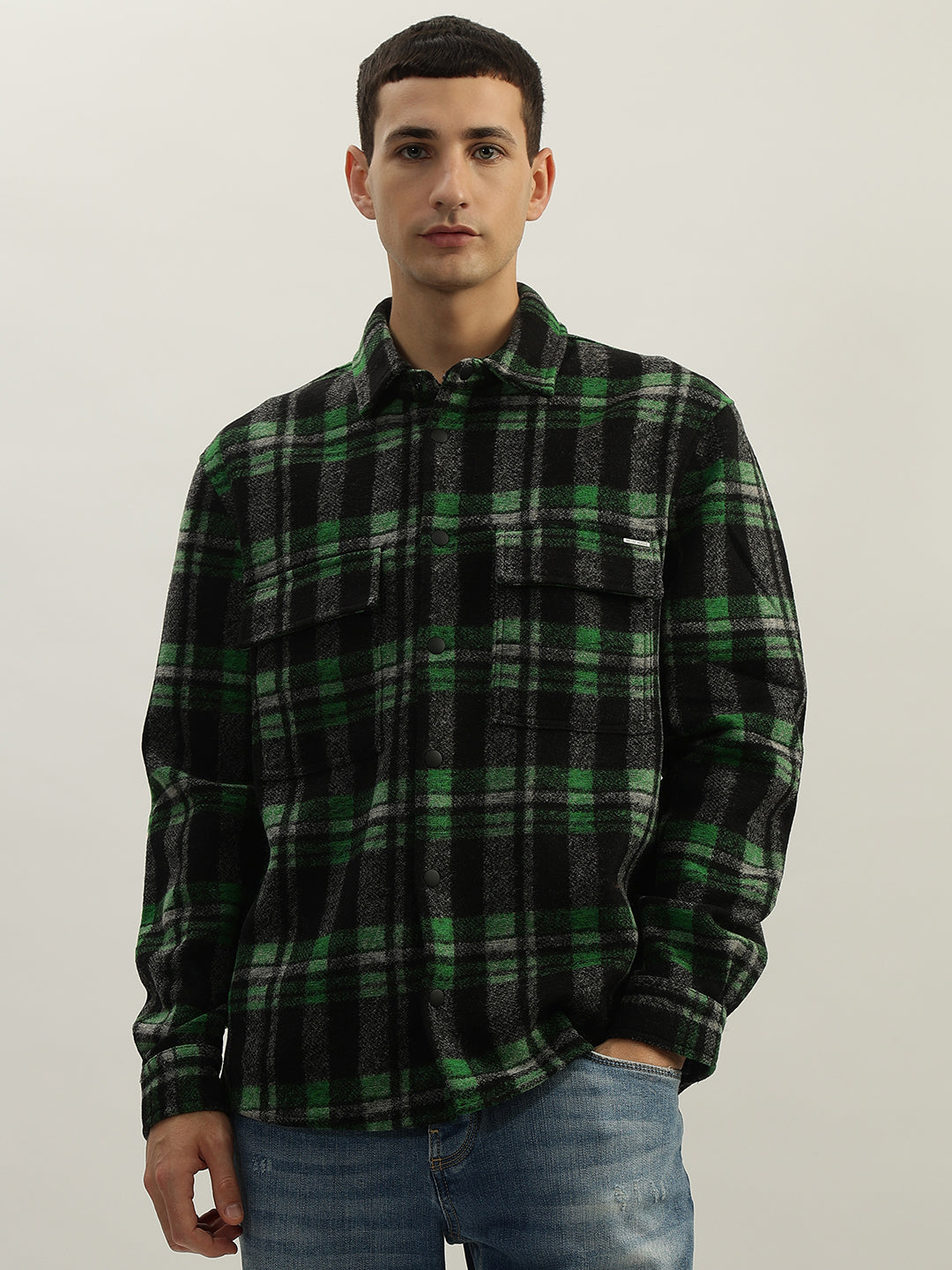 Antony Morato Men Green Checked Spread Collar Full Sleeves Shirt