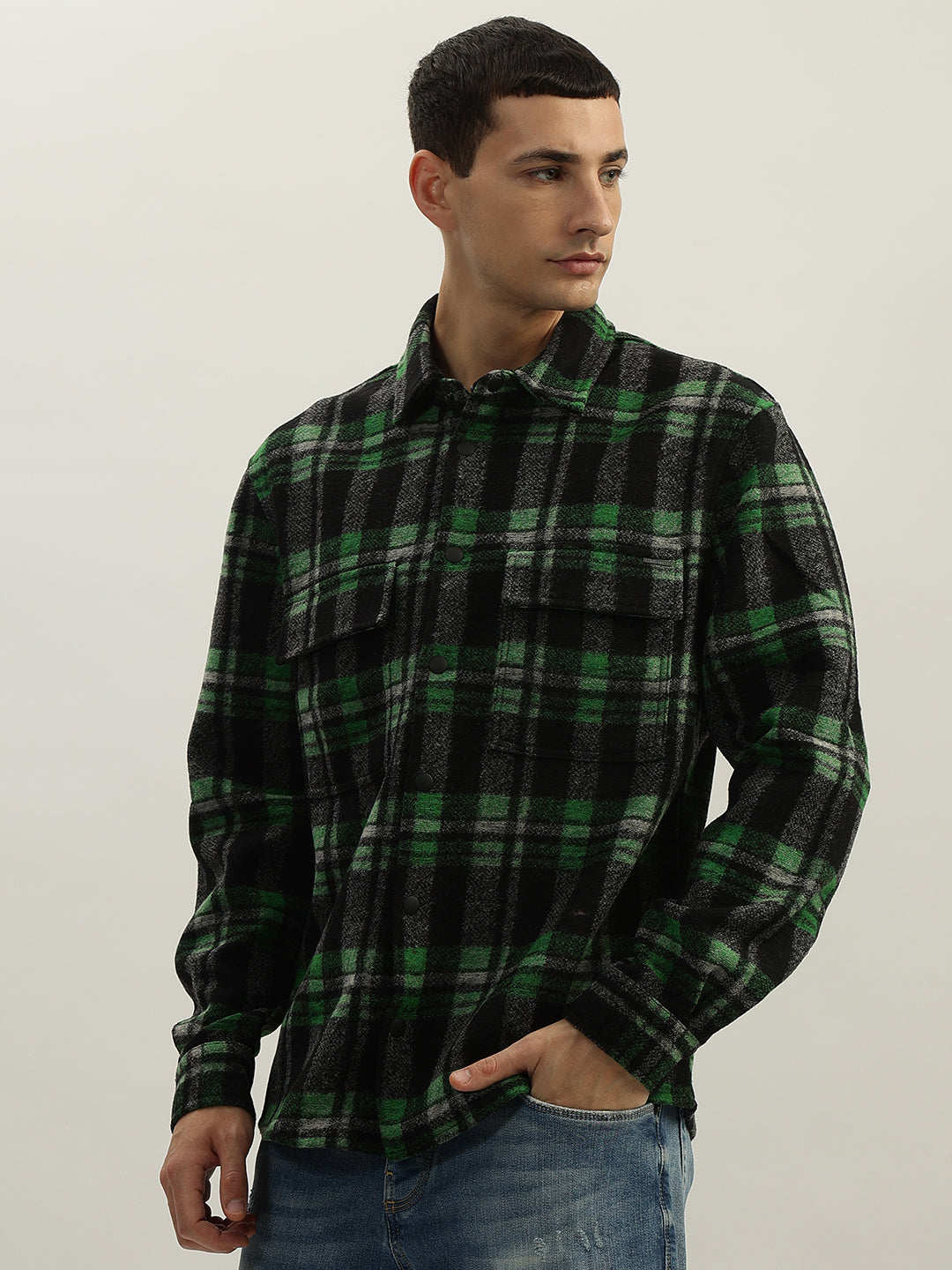 Antony Morato Men Green Checked Spread Collar Full Sleeves Shirt