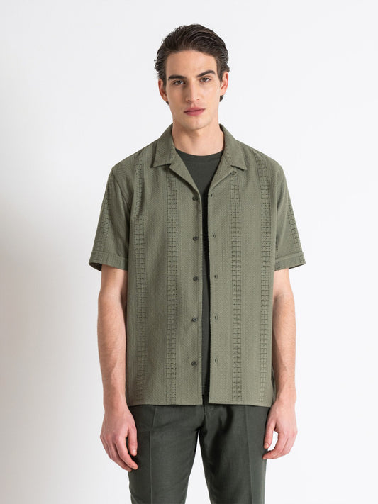 Antony Morato Men Green Embroidered Resort Collar Short Sleeves Shirt