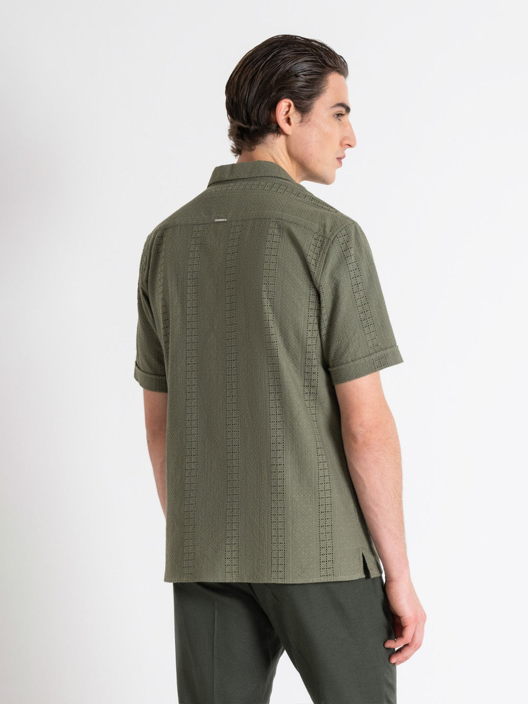 Antony Morato Men Green Embroidered Resort Collar Short Sleeves Shirt