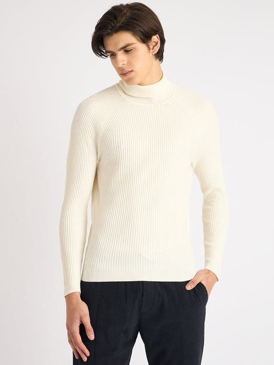 Antony Morato Men Cream Solid Turtle Neck Full Sleeves Sweater