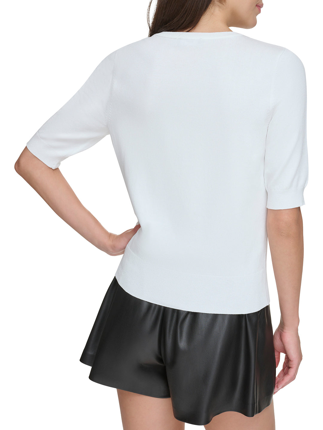 Dkny Women White Solid Round Neck Short Sleeves Sweater