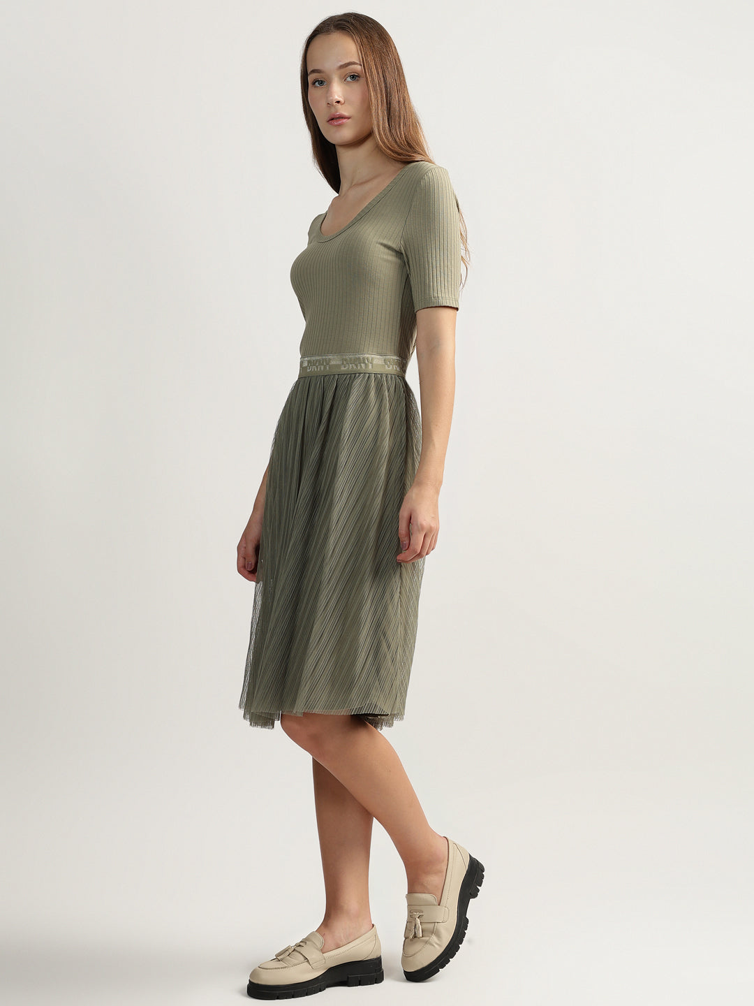 DKNY Women Green Solid Round Neck Short Sleeves Fit And Flare Dress