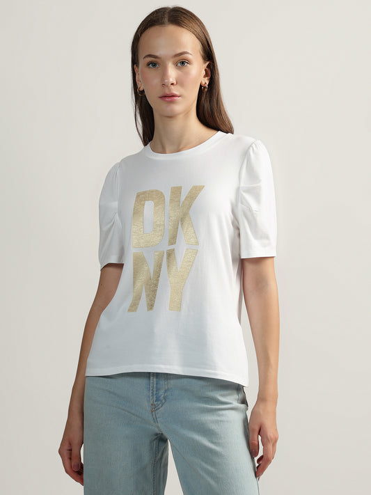 DKNY Women White Printed Round Neck Short Sleeves Top