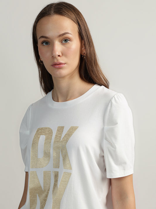 DKNY Women White Printed Round Neck Short Sleeves Top