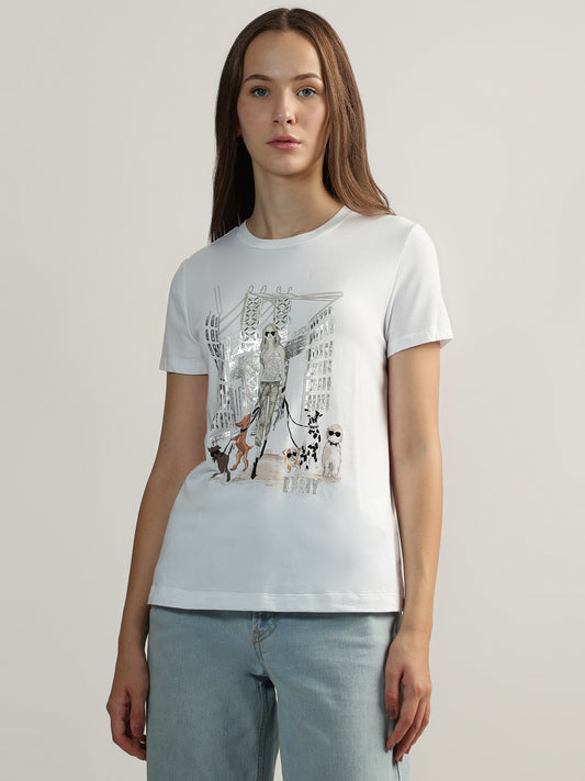 DKNY Women White Printed Round Neck Short Sleeves T-Shirt