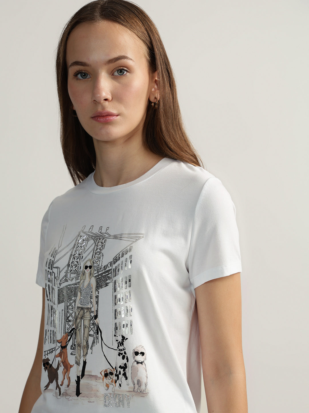 DKNY Women White Printed Round Neck Short Sleeves T-Shirt