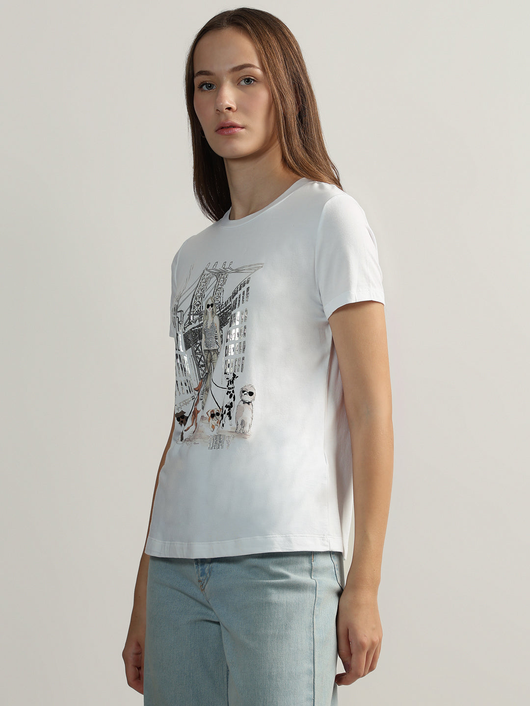 DKNY Women White Printed Round Neck Short Sleeves T-Shirt