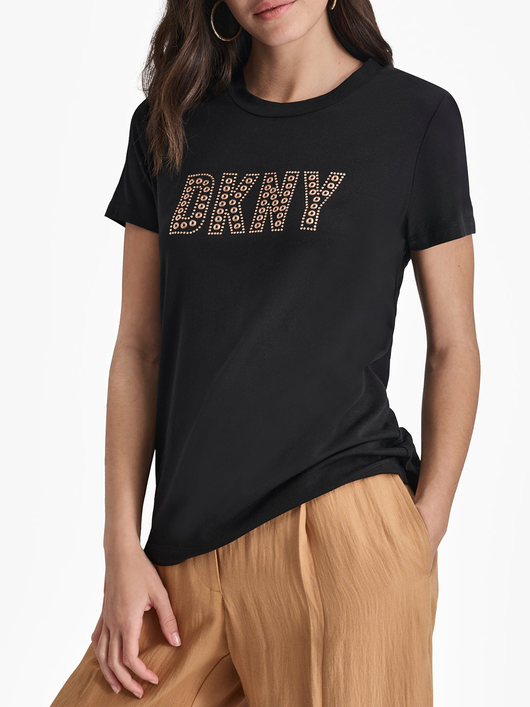 Dkny Women Black Solid Round Neck Short Sleeves T-Shirt