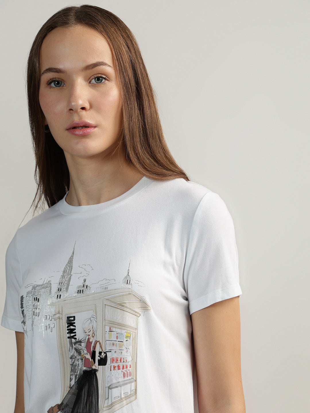 DKNY Women White Printed Round Neck Short Sleeves T-Shirt