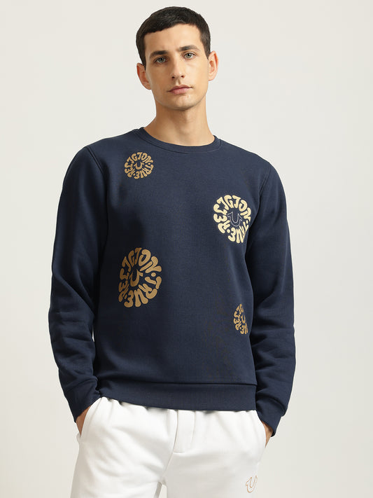 True Religion Men Blue Printed Round Neck Full Sleeves Pullover Style Sweatshirt