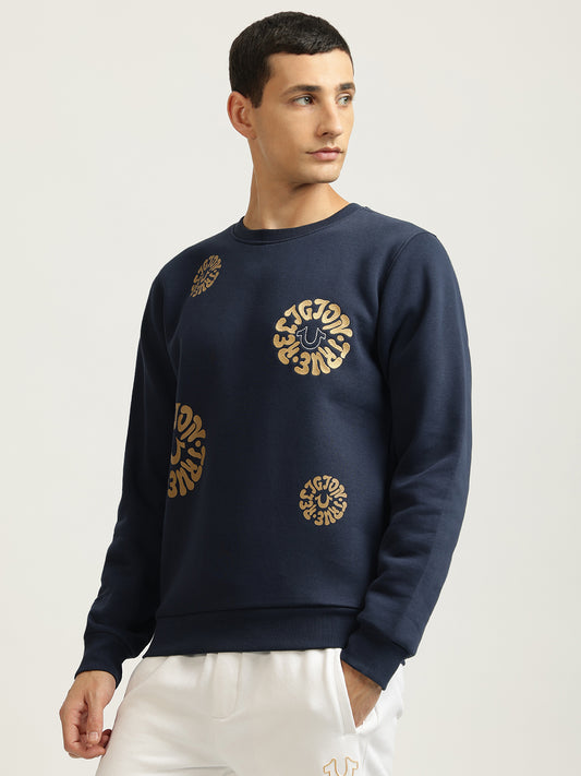 True Religion Men Blue Printed Round Neck Full Sleeves Pullover Style Sweatshirt