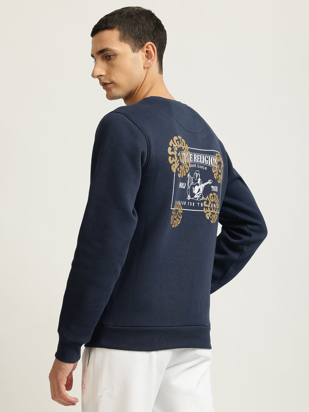 True Religion Men Blue Printed Round Neck Full Sleeves Pullover Style Sweatshirt