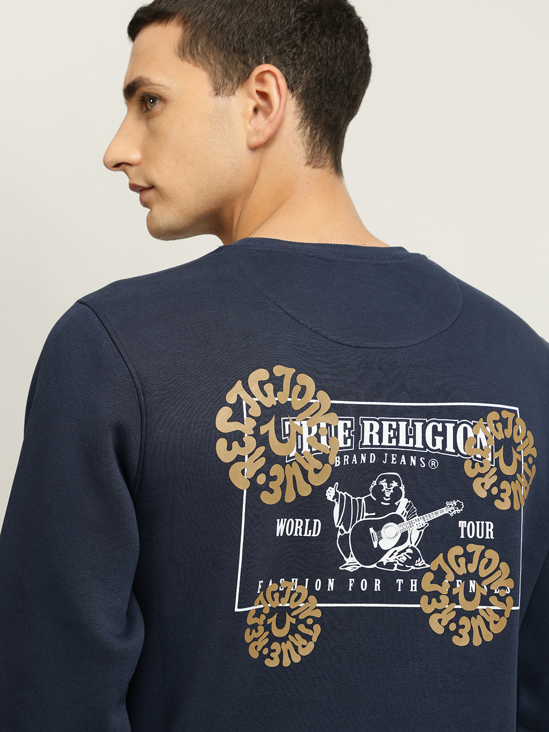 True Religion Men Blue Printed Round Neck Full Sleeves Pullover Style Sweatshirt